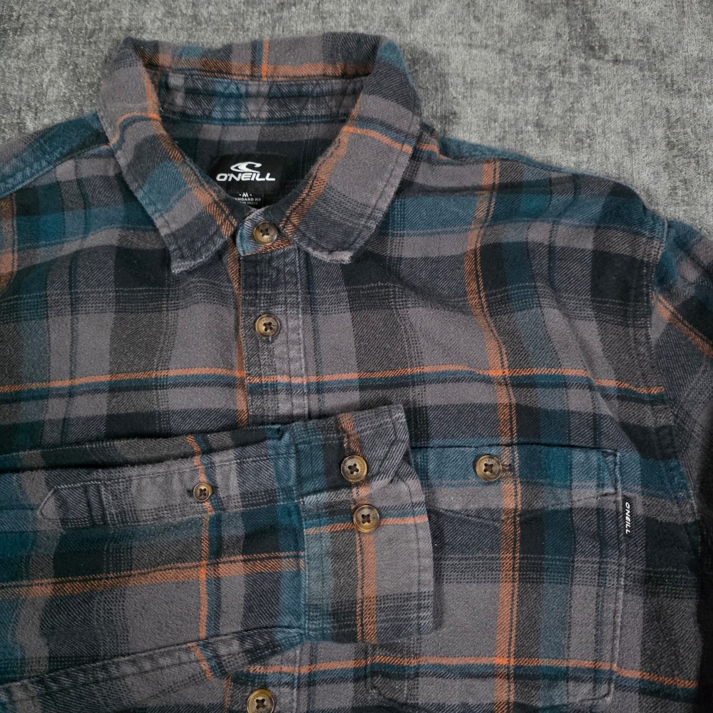 ONeill Mens Flannel Shirt Medium Gray Blue Orange Plaid Cotton Button Up Skater